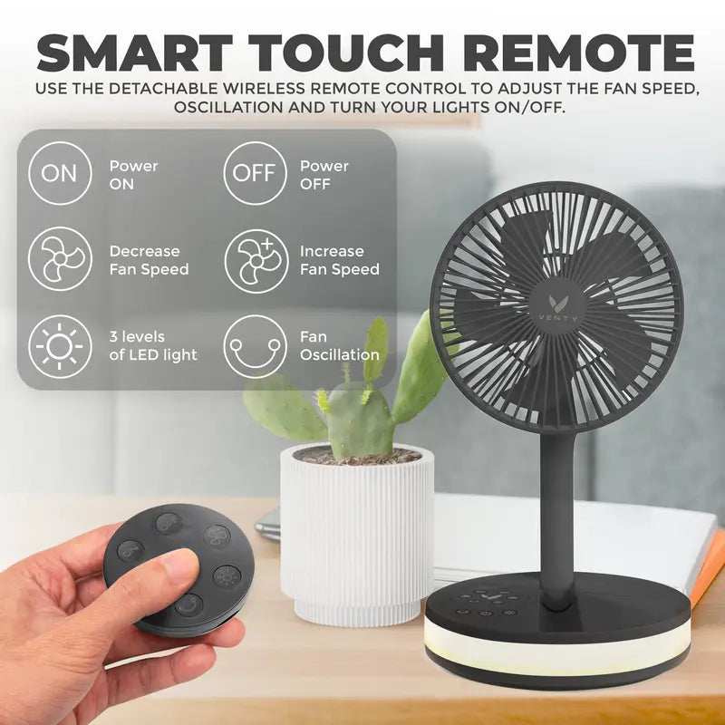 Venty Fan the Original Portable, Rechargeable, Folding Fan from 3 Inches to 3 Feet! LED, Oscillation, Remote and 2 Day Battery Life. the Ultimate Portable Fan