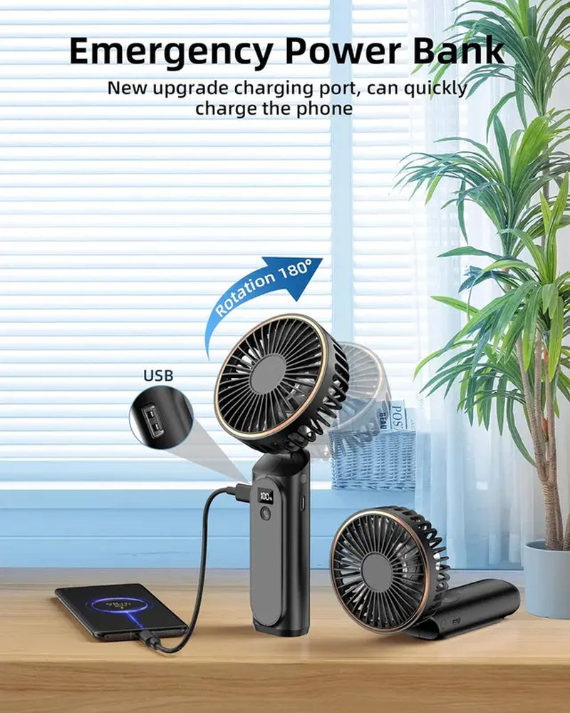 【2024 New】Foldable Portable Fan with Power Bank, 3600Mah, Rechargeable Handheld Fan, 6 Speed Ultra Quiet,