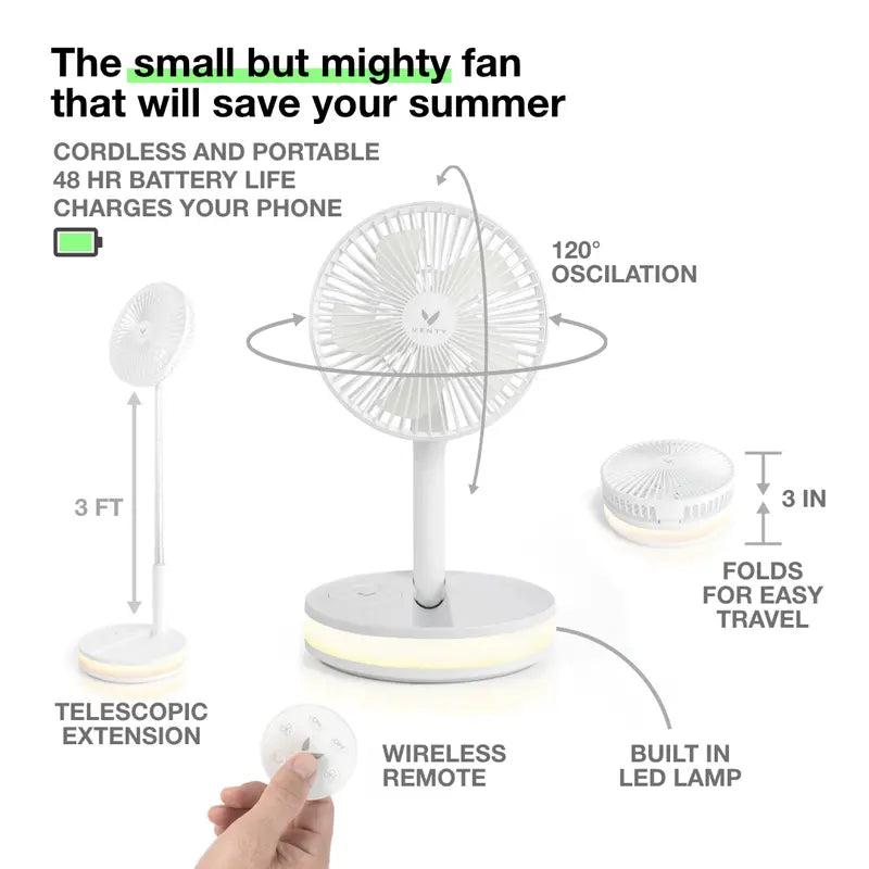 Venty Fan the Original Portable, Rechargeable, Folding Fan from 3 Inches to 3 Feet! LED, Oscillation, Remote and 2 Day Battery Life. the Ultimate Portable Fan