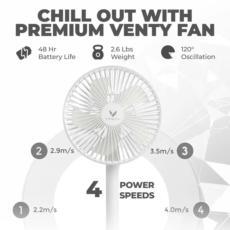 Venty Fan the Original Portable, Rechargeable, Folding Fan from 3 Inches to 3 Feet! LED, Oscillation, Remote and 2 Day Battery Life. the Ultimate Portable Fan